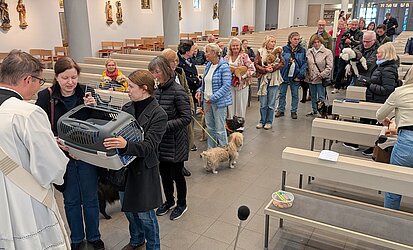 Diakon Michael Jakob segnet Tiere in der Kirche St. Hedwig in Stuttgart-Möhringen, Aufnahme von Oktober 2025